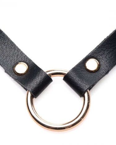 Close-up view of the Posh Pet Gold Ring Slim Beginner Bondage Choker showcasing the elegant gold O-ring and button snaps on the black leather strap, perfect for luxury bondage accessories.